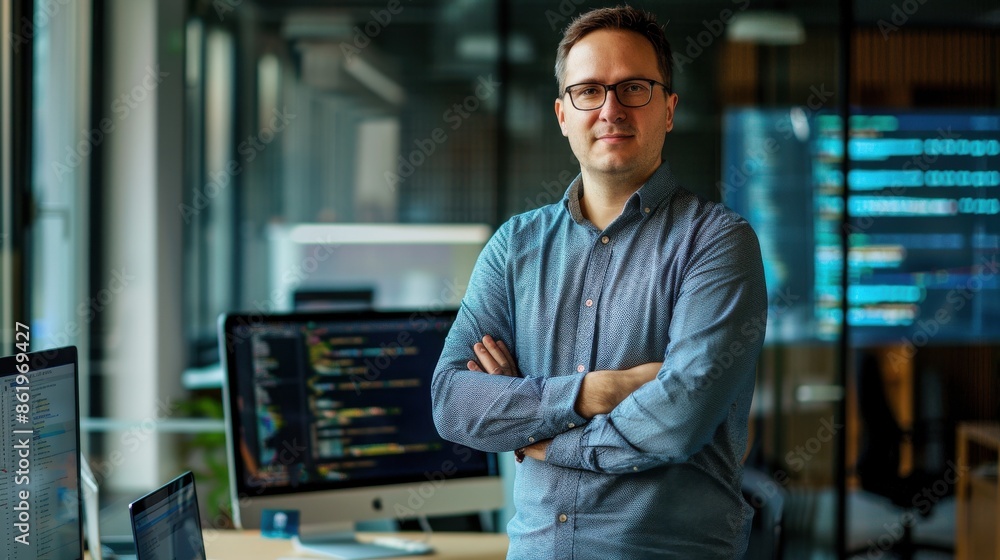 Confident software developer in a modern office, standing with arms crossed, with computer code on screens in the background. Confident software developer in a modern office, standing with arms crossed, with computer code on screens in the background.