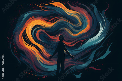 surreal illustration depicting a person's silhouette with a chaotic swirl of thoughts, symbols, and emotions emanating from their head, representing various mental health challenges.