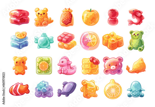 Gummy candies cartoon vector set. Delphine fish bear cube lemon jelly chewing marmalade baby sweets, illustration isolated on white background