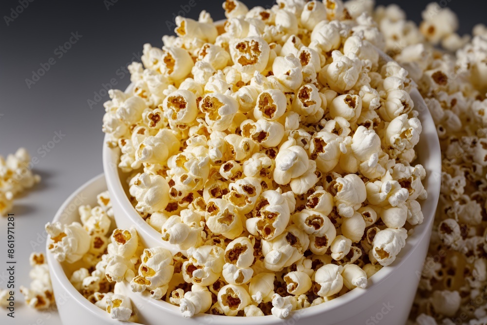 Freshly popped popcorn in a bowl, isolated, close-up shot showcasing its texture and salty kernels, perfect for movie snacks Freshly popped popcorn in a bowl, isolated, close-up shot showcasing its texture and salty kernels, perfect for movie snacks