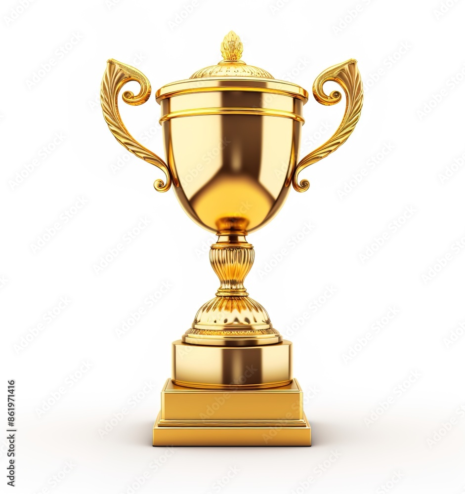 A golden trophy, simple and elegant style, with black base on white background. A golden trophy, simple and elegant style, with black base on white background.