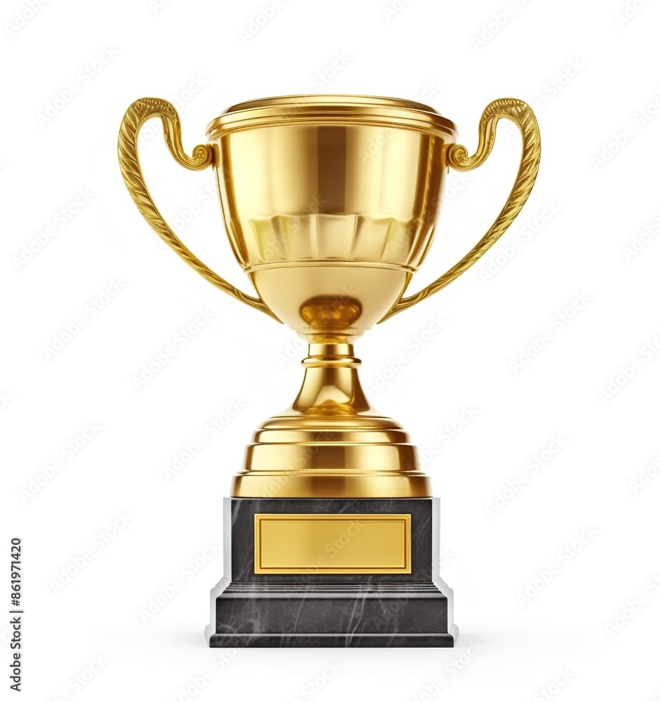 A golden trophy, simple and elegant style, with black base on white background. A golden trophy, simple and elegant style, with black base on white background.