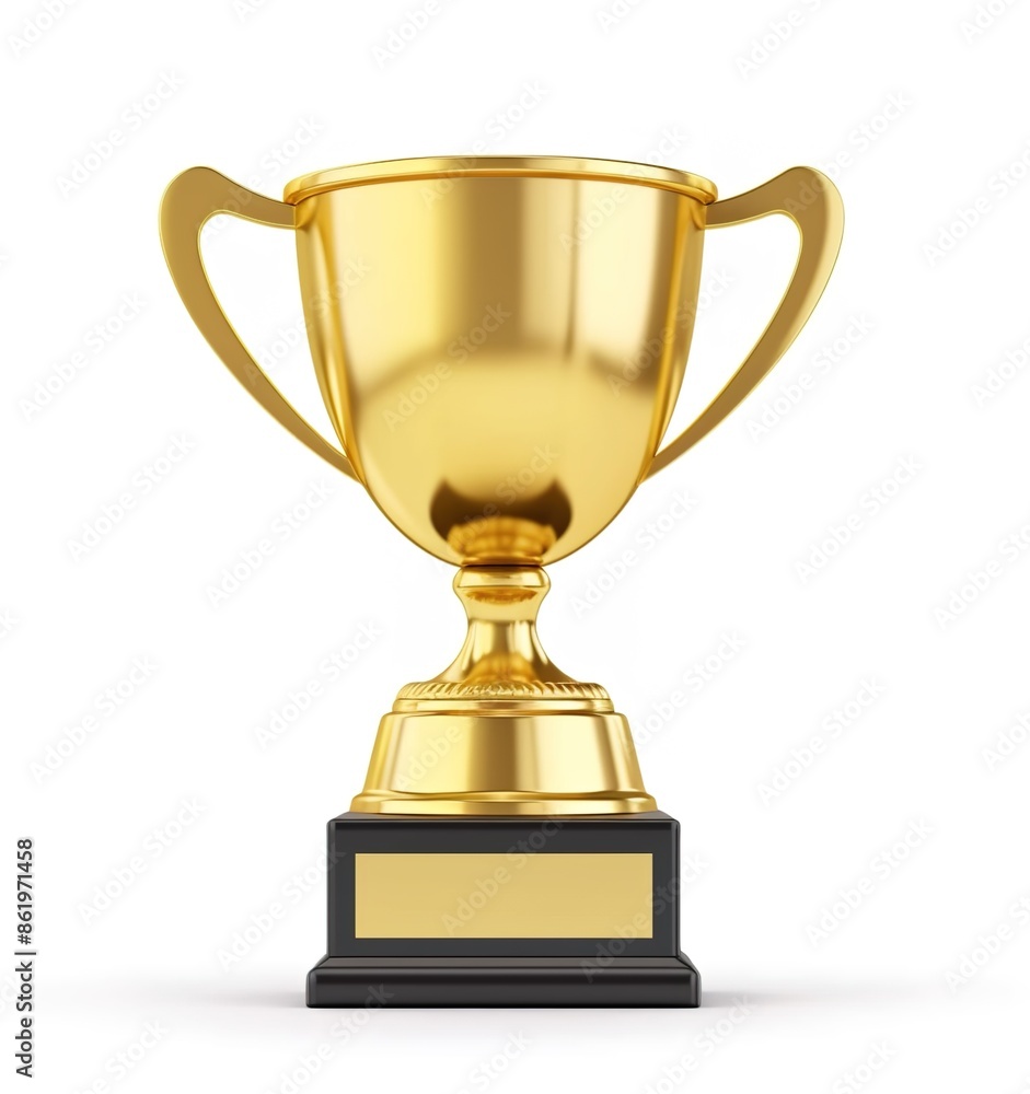 A golden trophy, simple and elegant style, with black base on white background. A golden trophy, simple and elegant style, with black base on white background.