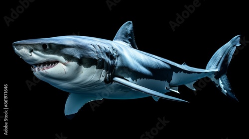 Great white shark on black background, underwater predator. Marine life and ocean concept