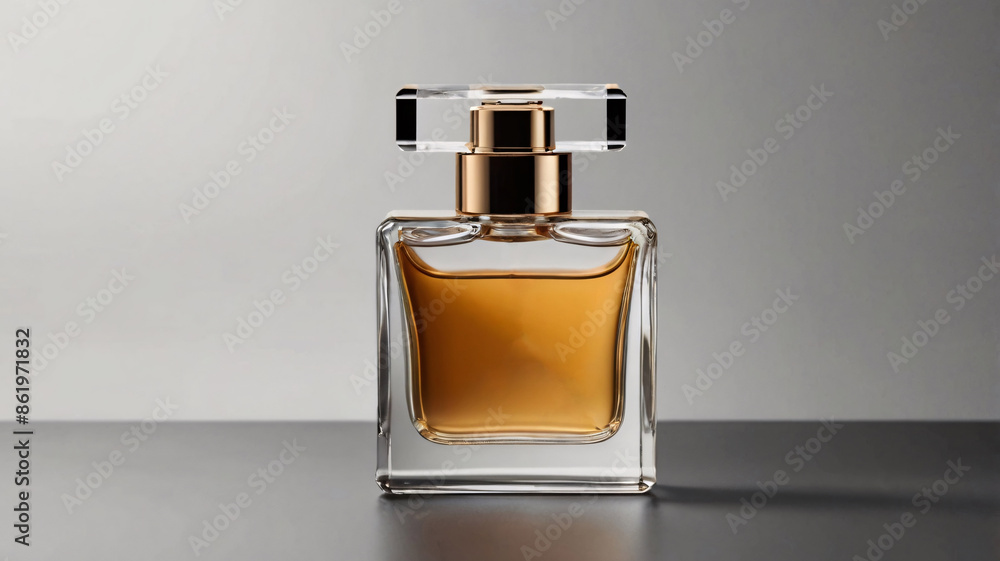 Elegant perfume bottle mockup, sleek design with a crystal-clear glass body and a metallic gold cap Elegant perfume bottle mockup, sleek design with a crystal-clear glass body and a metallic gold cap