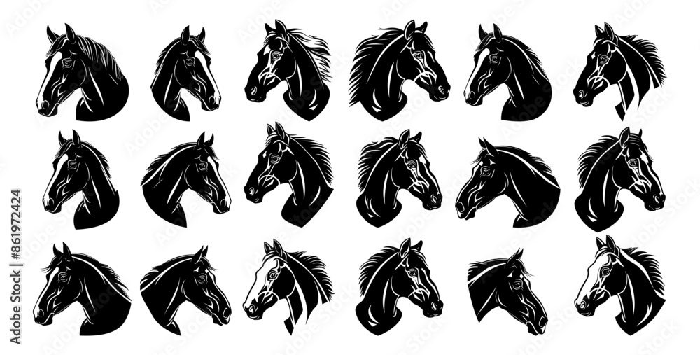Fototapeta premium Horse heads ink silhouettes vector set. Avatars mane artiodactyl mans friend companion strong mount icons isolated on white background