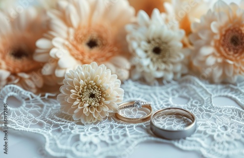 Gold Wedding Bands Surrounded by White Babys Breath Flowers and Lace