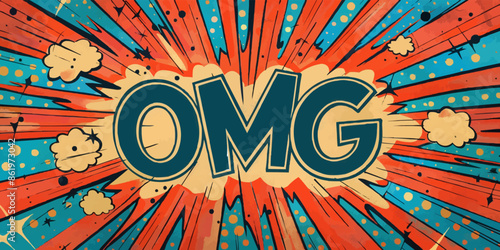 A comic book style image of the word OMG with a blue and orange background