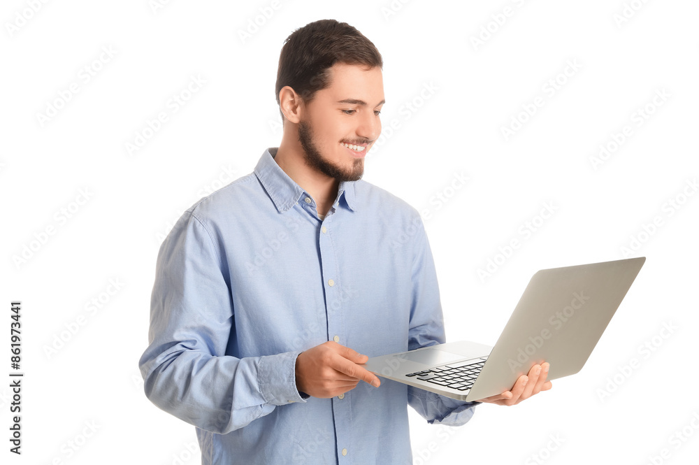 Young man using laptop on white background. Online dating concept Young man using laptop on white background. Online dating concept