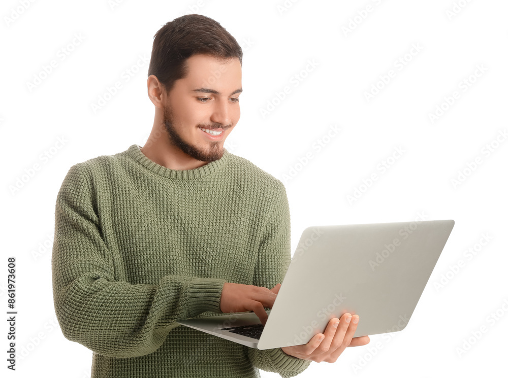 Young man using laptop on white background. Online dating concept Young man using laptop on white background. Online dating concept