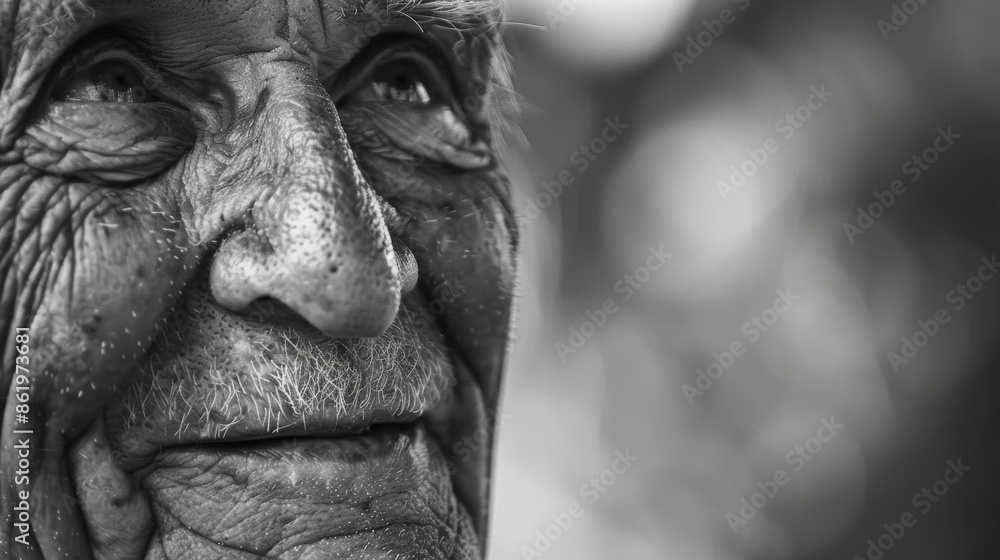 A weathered face with deep laugh lines and a kind smile gazes off into the distance lost in thought. Black and white art A weathered face with deep laugh lines and a kind smile gazes off into the distance lost in thought. Black and white art