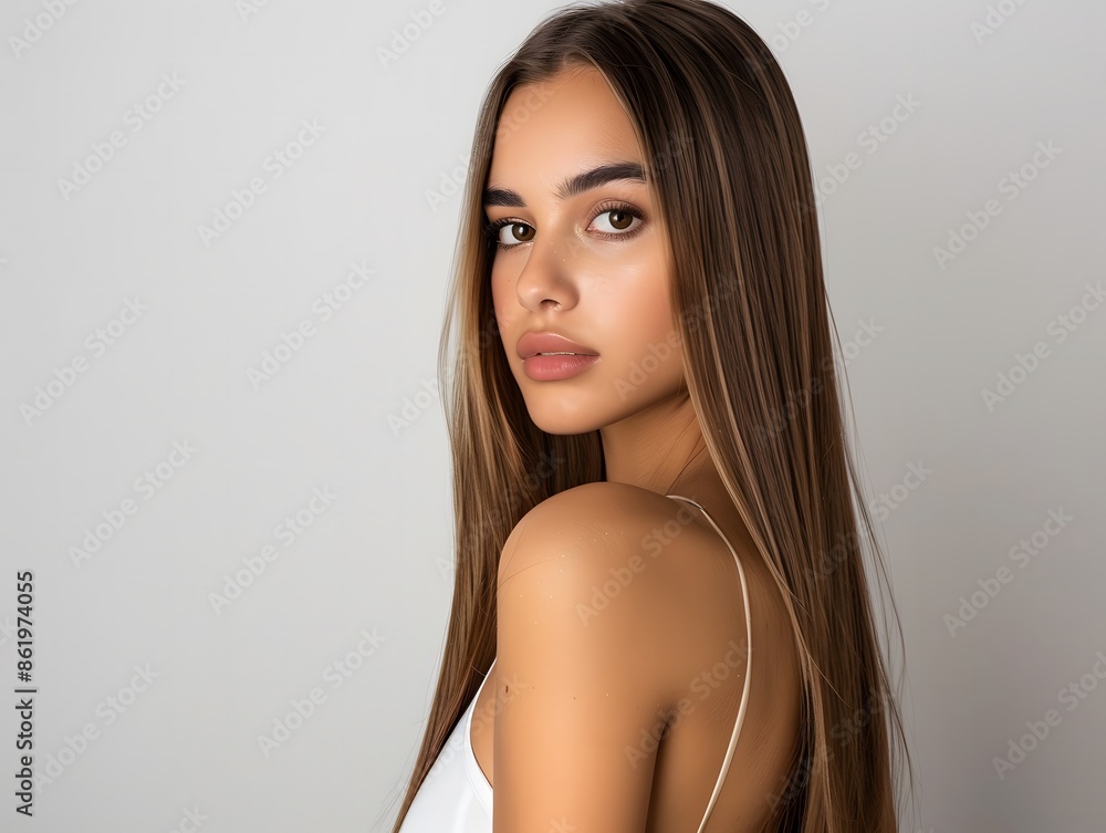 Naklejka premium Beautiful Latina Woman with Long Brown Hair in White Top