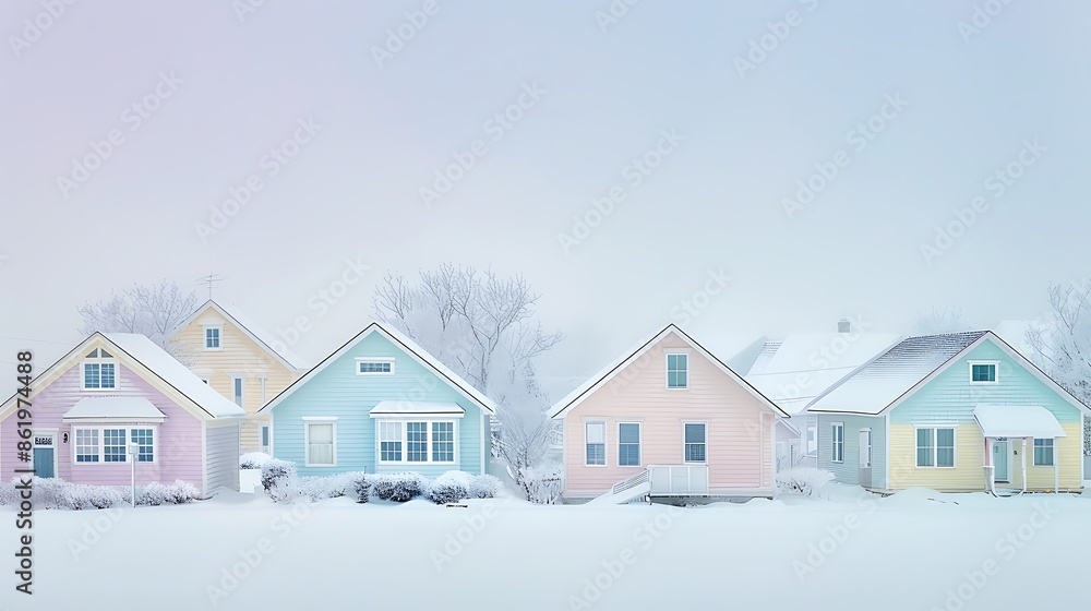 serene depiction of a small town with houses clad in pastel-colored vinyl siding, each dusted with a light layer of snow, creating a soft, dreamy winter scene serene depiction of a small town with houses clad in pastel-colored vinyl siding, each dusted with a light layer of snow, creating a soft, dreamy winter scene
