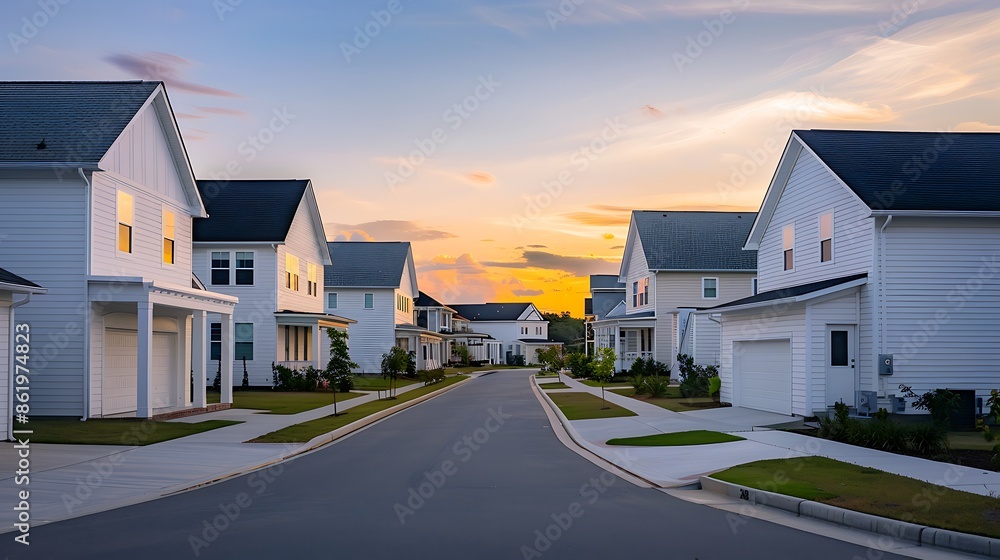 serene suburban street at dusk, all homes adorned with pristine white vinyl siding, reflecting the golden sunset light serene suburban street at dusk, all homes adorned with pristine white vinyl siding, reflecting the golden sunset light