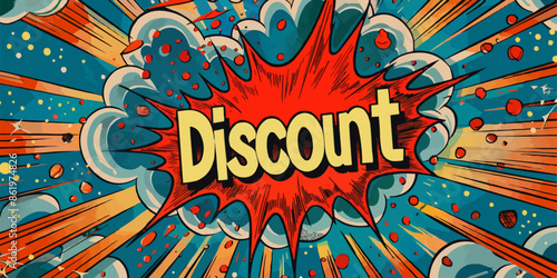 VIntage retro comics boom explosion with text "Discount" inside crash bang cover book design with light and dots. Can be used for decoration or graphics.