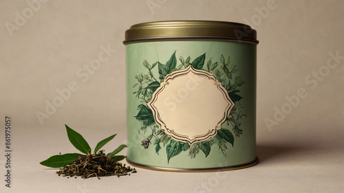Vintage-style tea tin mockup, cylindrical tin with a retro label featuring botanical illustrations