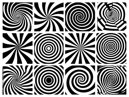 Hypnotic funnels black vector set. Spiral frames round optical narrowing rings vision deception trance circles effects isolated on white background