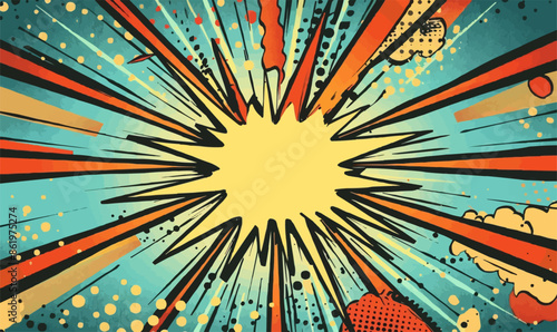 VIntage retro comics boom explosion crash bang cover book design with light and dots. Can be used for decoration or graphics. Graphic Art. Vector. Illustration