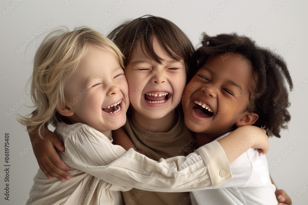 The image shows five children smiling brightly at the camera. The group is diverse, featuring children of different ethnic backgrounds, emphasizing multiculturalism, multiracial harmony, and unity. The image shows five children smiling brightly at the camera. The group is diverse, featuring children of different ethnic backgrounds, emphasizing multiculturalism, multiracial harmony, and unity.