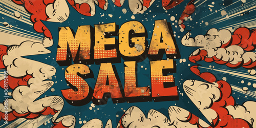 Vintage retro comics with text "MEGA SALE" inside. Explosion cover book design with light and dots.