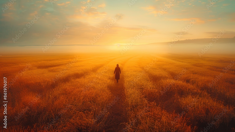 Fototapeta premium Person walking through a field of tall grass