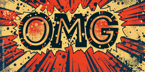 A comic book style image of the word OMG with a red and black background