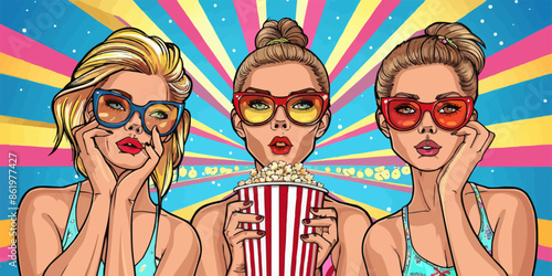 Illustration of Girls with glasses eats popcorn while watching a movie. Cute cartoon pop art comic style. Girls with glasses eats popcorn.