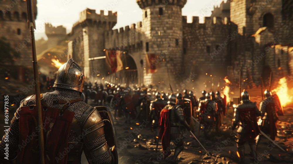 Obraz premium An intense medieval siege scene at a castle, with detailed stone architecture and dynamic lighting from torches and fires reflecting off the armor of soldiers. 