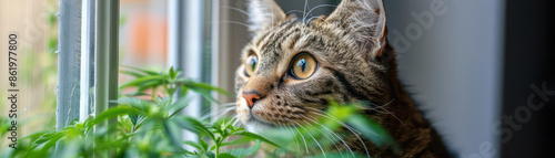 High Resolution Image of Cat Investigating a Potted Cannabis Plant Curious Cat and Cannabis Interaction Explore Feline Fascination with Marijuana Plant in Stunning Detail