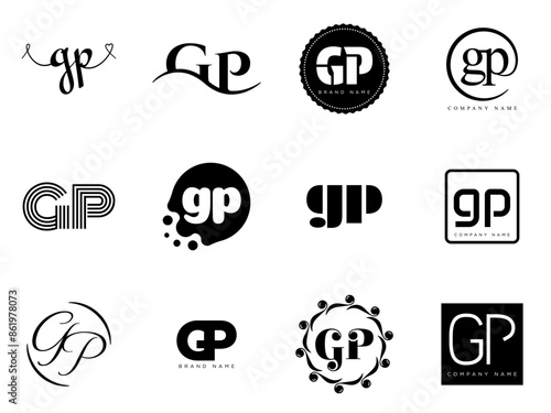GP logo company template. Letter g and p logotype. Set different classic serif lettering and modern bold text with design elements. Initial font typography.