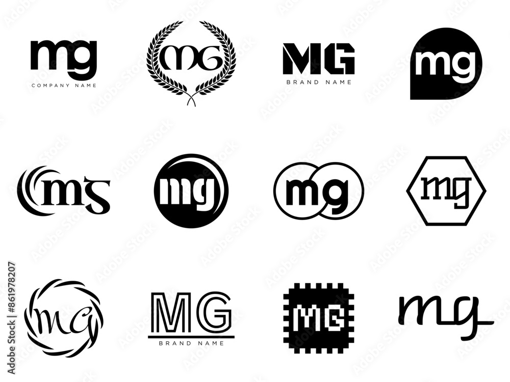 MG logo company template. Letter m and g logotype. Set different classic serif lettering and modern bold text with design elements. Initial font typography.