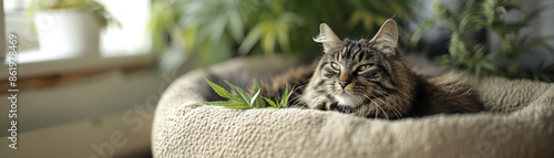 Photorealistic Cat Nestled in Cannabis Themed Cat Bed, Cozy and Comfortable, High Resolution Image Perfect for Cannabis Cat Lovers, Relaxing Feline in Cannabis Decor, Cat in High Quality Bed photo