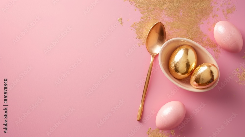 Obraz premium Golden and pink Easter eggs with spoon