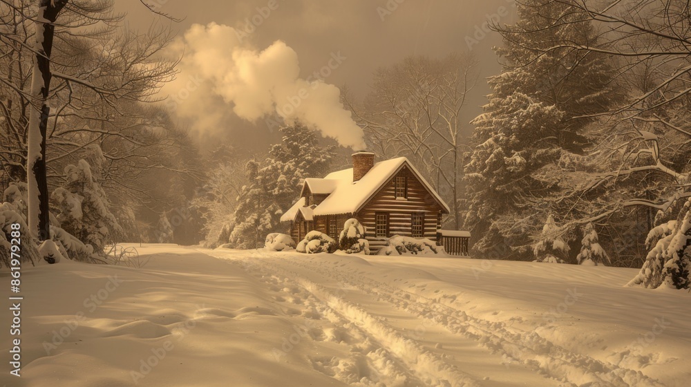 Snowy scene of a cabin in the woods with tracks in the snow, winter forest Snowy scene of a cabin in the woods with tracks in the snow, winter forest