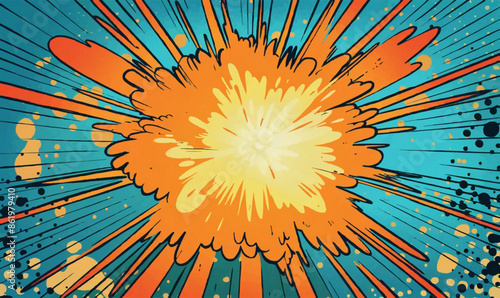 A comic book style drawing of a yellow explosion with blue and orange colors