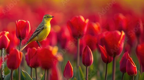 Yellow wagtail sitting on tulip in field of red tulips in Holland on a sunny late afternoon in early spring photo