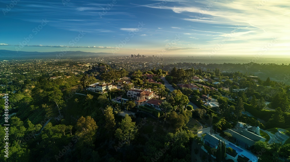 Fototapeta premium Majestic Los Angeles Mansion with Expansive City Views Captured in Aerial Photography: Luxury Real Estate Focus