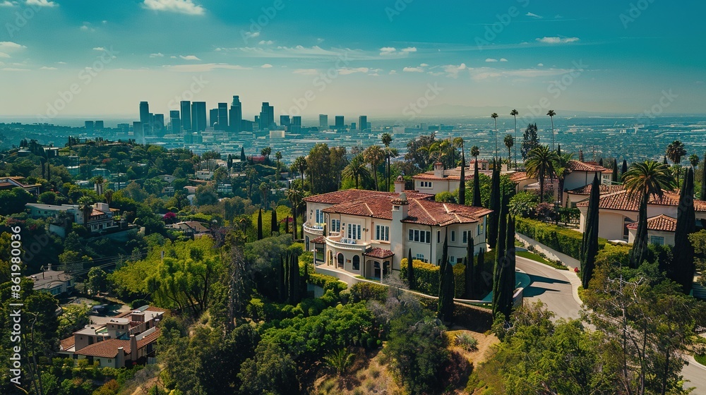 Naklejka premium Majestic Los Angeles Mansion with Expansive City Views Captured in Aerial Photography: Luxury Real Estate Focus