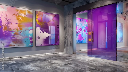 vibrant purple door with a high gloss finish, set in a minimalist entryway with large, abstract paintings and a sleek, grey stone floor