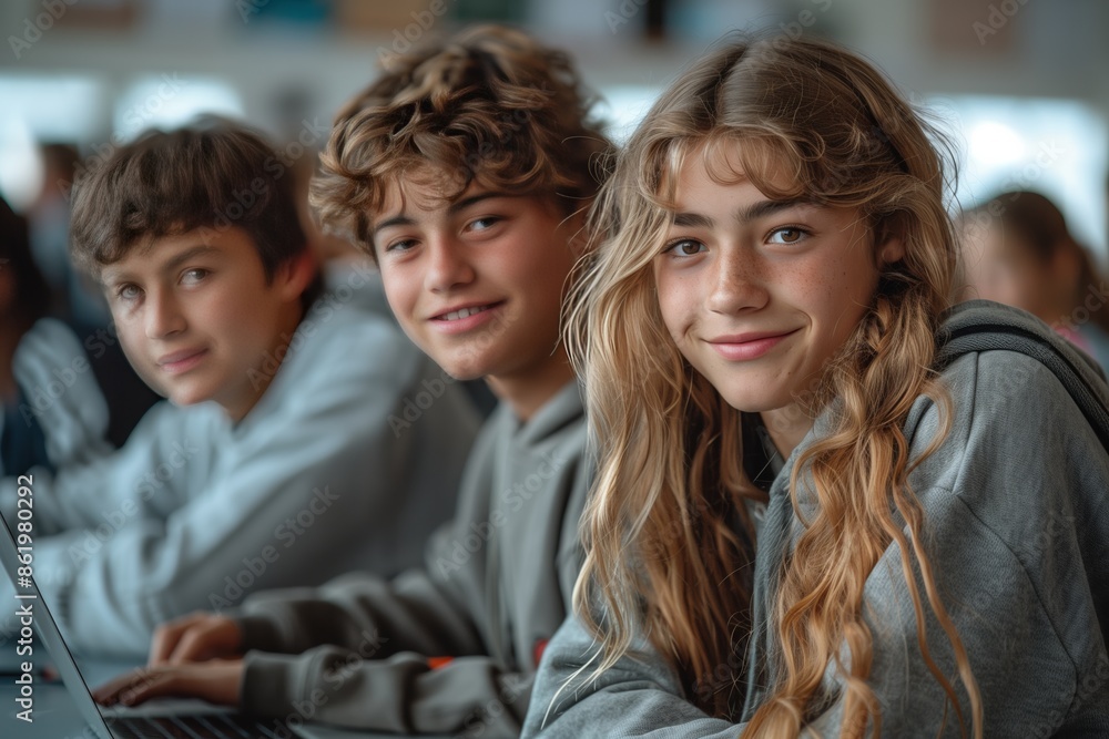 Obraz premium photo of happy high school students e-learning in bright classroom