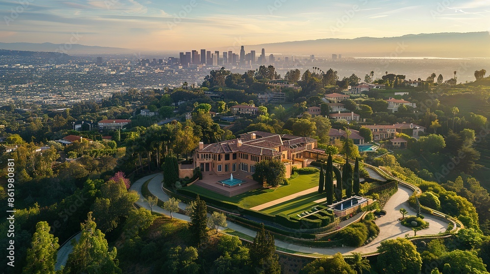 Fototapeta premium Aerial Perspective of a Prestigious Los Angeles Mansion with Breathtaking City Views: Luxury Real Estate Concept