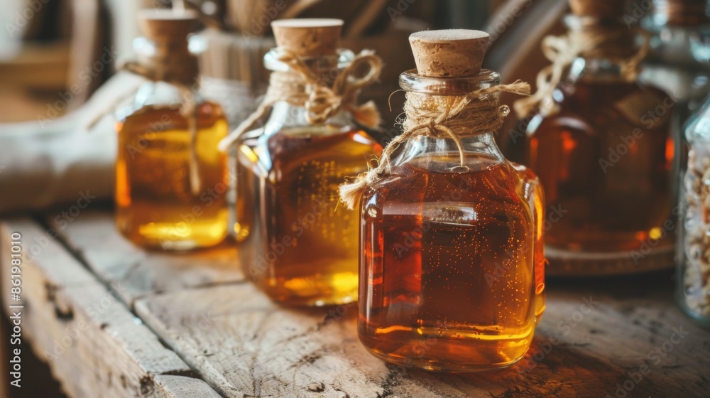 Bottles of honey on wooden table Bottles of honey on wooden table