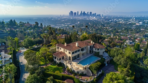 Elegant Los Angeles Mansion with Sweeping City Views from Above: Aerial Photography, High-End Real Estate