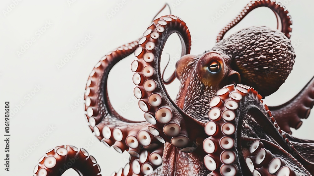 Obraz premium Octopus close-up with detailed tentacles and white background, marine life concept