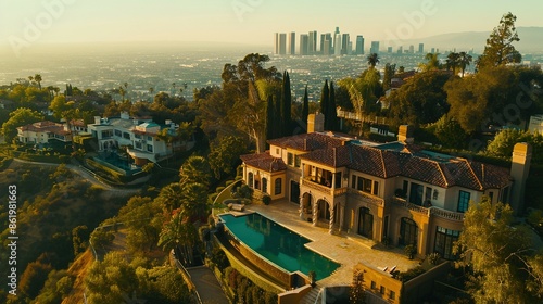 Upscale Los Angeles Mansion Seen from the Sky with Beautiful City Views: Aerial Photography in Luxury Real Estate