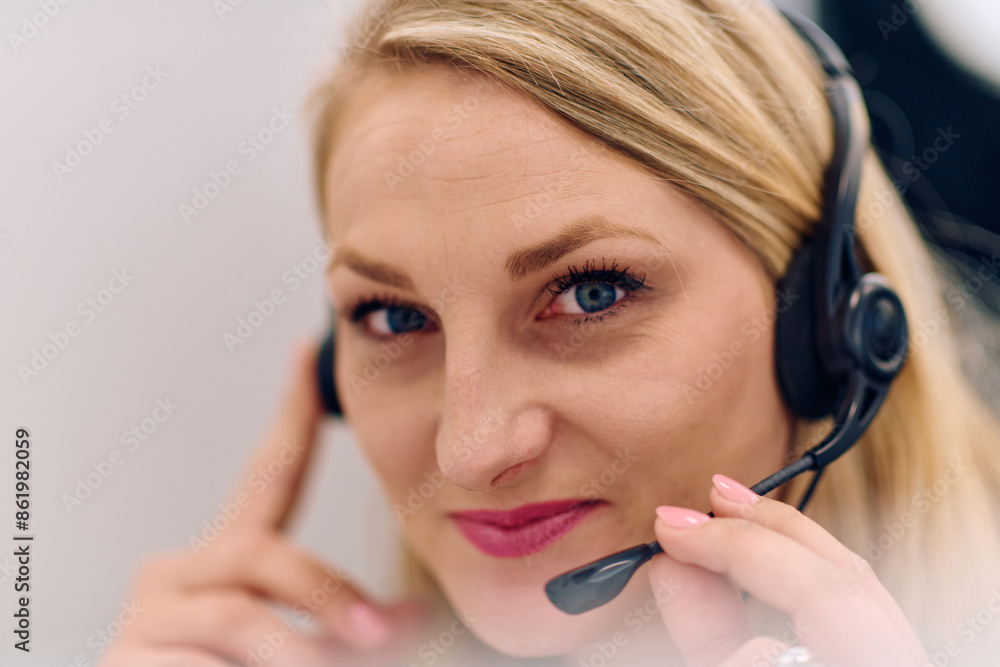 Friendly Call Center Agent Answering Incoming Calls with Headset Providing Remote Customer Service.
