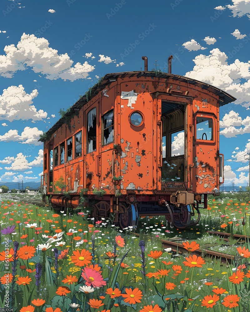 Rusty Truck in Colorful Cartoon Style Parked in Countryside