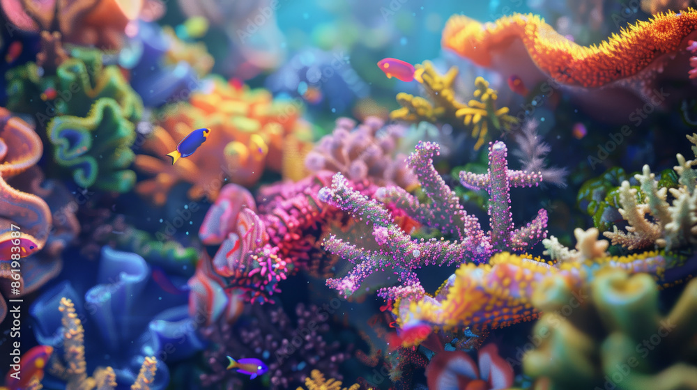 Close-up view of a coral garden with intricate textures and patterns, surrounded by small colorful fish and sea creatures. Close-up view of a coral garden with intricate textures and patterns, surrounded by small colorful fish and sea creatures.