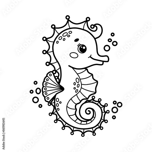 Cute cartoon seahorse with bubbles. Vector outline Illustration perfect for children's coloring books