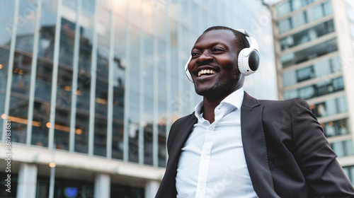 happy black businessman listening to music with headset on the street